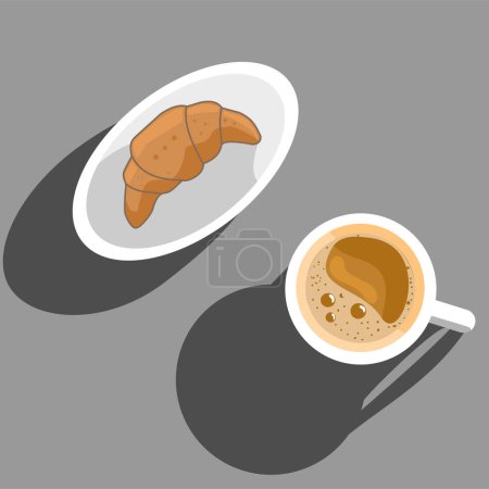 Téléchargez les illustrations : Tasse de café avec croissant vecteur sur fond gris isolé - en licence libre de droit