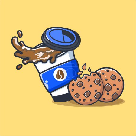Illustration for Coffee cup with a chocolate and a croissant. vector illustration isolated on a white background. coffee beans in cartoon style. - Royalty Free Image