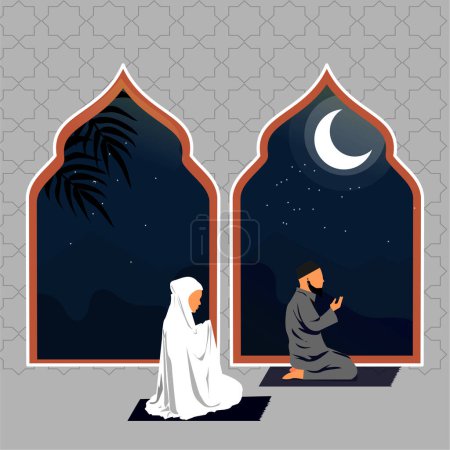 Illustration for Illustration of a couple praying in a mosque with a window showing the moon and stars in the background - Royalty Free Image