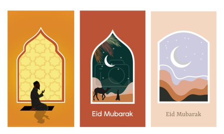 Téléchargez les illustrations : Ramadan et eid moubarak, cartes de vœux avec ornement islamique, illustration vectorielle - en licence libre de droit