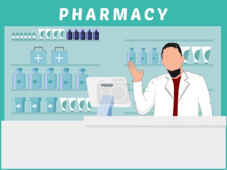 Téléchargez les illustrations : Pharmacien en pharmacie pharmacie, illustration vectorielle - en licence libre de droit