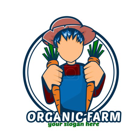 Illustration for Organic farmer holding carrots, organic sign, vector illustration - Royalty Free Image