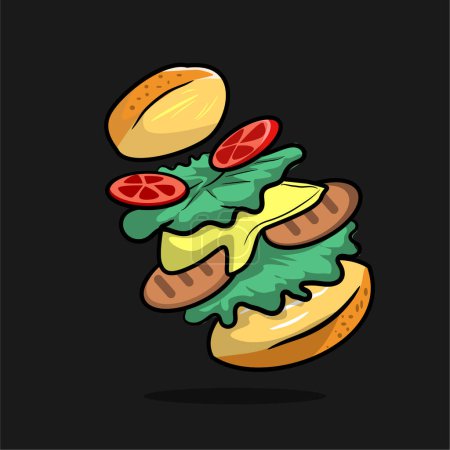 floating hamburger on dark background, vector illustration