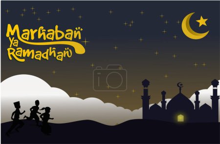 Téléchargez les illustrations : Illustration d'enfants courant à la mosquée, marhaban ya ramadhan avec un fond d'un ciel plein d'étoiles - en licence libre de droit