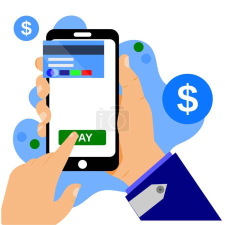 Illustration for Hand holding phone and credit card with a mobile screen - Royalty Free Image