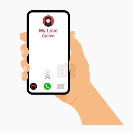 Illustration for Man holding smartphone in hand with text : call you love me - Royalty Free Image