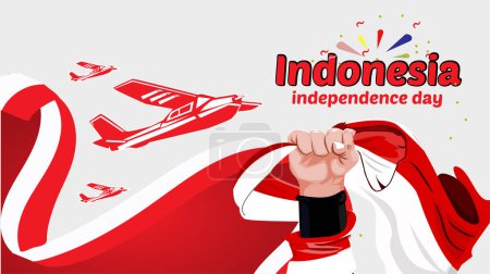 Téléchargez les illustrations : Illustration du drapeau tenu à la main isolé sur fond blanc, vecteur indonésien de jour de l'indépendance - en licence libre de droit