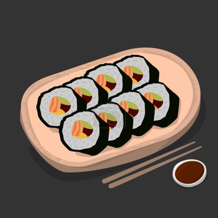 Illustration for Sushi rolls and rolls on wooden background - Royalty Free Image