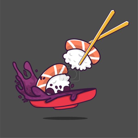 Téléchargez les illustrations : International sushi day vector, deux morceaux de sushi au ketchup éclaboussé - en licence libre de droit