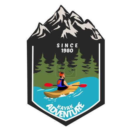 Illustration for Adventure badge with mountains, a man with kayak at sea - Royalty Free Image