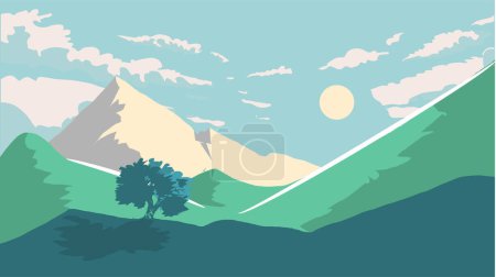 Téléchargez les illustrations : Paysage avec montagnes et arbres, arrière-plan nature - en licence libre de droit