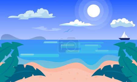 Téléchargez les illustrations : Plage plate vectorielle avec vue sur la mer. été, voyage, vacances, concept vacances - en licence libre de droit
