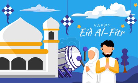 Illustration for Vector illustration of a eid mubarak banner with a arabic man with a lantern, mosque and an eid mubarak. - Royalty Free Image