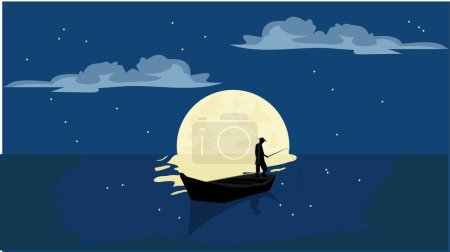 Illustration for Illustration of fisherman is fissing at the sea with moon at background - Royalty Free Image