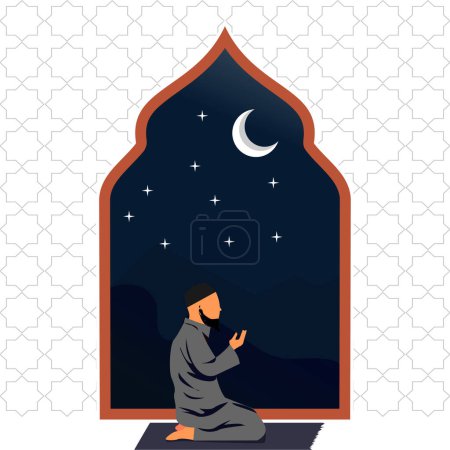 illustration of a Muslim man praying against a background of night and a crescent moon