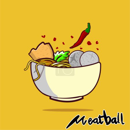 Téléchargez les illustrations : Illustration de boulette de viande avec des nouilles dans un bol blanc - en licence libre de droit