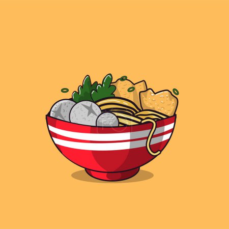 Illustration for Bowl of noodles with metball, crackers, and green vegetables - Royalty Free Image