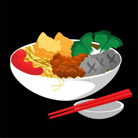 Illustration for Mi ayam is a typical Indonesian dish made of wheat noodles seasoned with chicken which is usually diced, isolated black background - Royalty Free Image