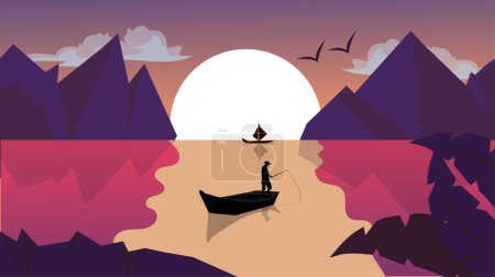 Ilustración de Ilustración de una vista del lago con el sol y los pescadores pescando en el fondo - Imagen libre de derechos