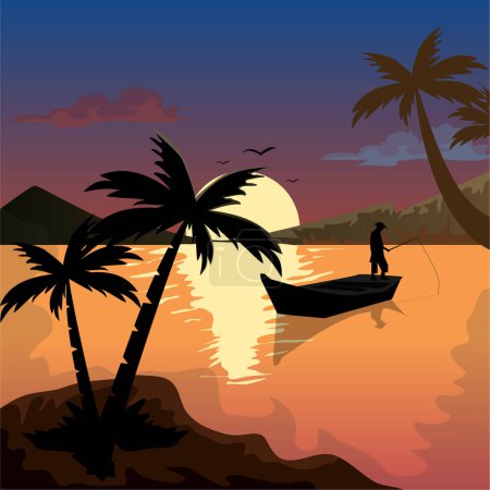 Illustration for Illustration of fisherman that fishing at the lake with silhouette style - Royalty Free Image