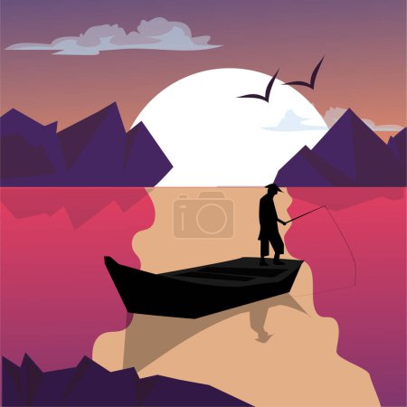Téléchargez les illustrations : Illustration d'une vue sur le lac avec le soleil et les pêcheurs pêchant en arrière-plan - en licence libre de droit