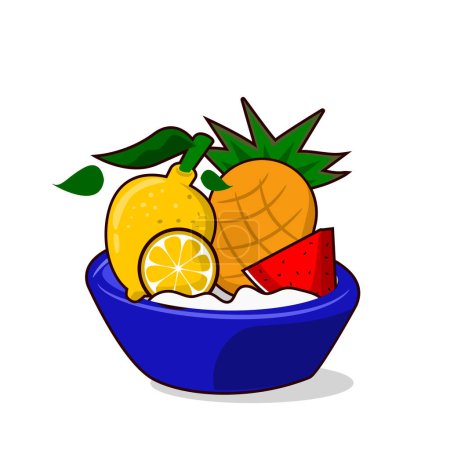 Téléchargez les illustrations : Fruits frais et sains, illustration de citron, pastèque, ananas et orange dans un bol bleu - en licence libre de droit