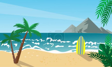 Ilustración de Paisaje de verano con palmeras y montañas - Imagen libre de derechos