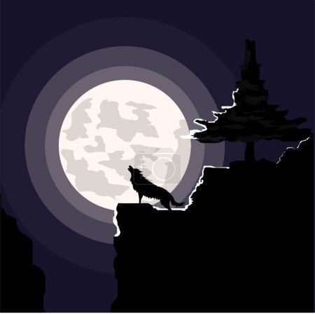 Téléchargez les illustrations : Illustration vectorielle, un loup avec lune sur le fond des montagnes - en licence libre de droit