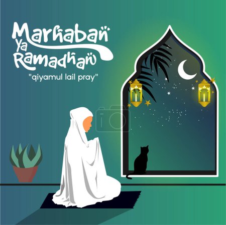 Ilustración de Musulmanes orando con un fondo islámico - Imagen libre de derechos