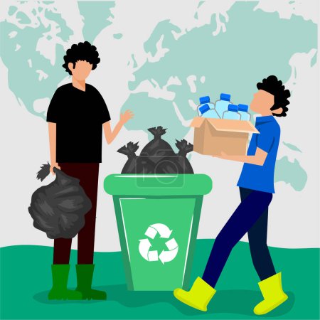 Illustration for Young man with trash can, world cleanup day vector concept - Royalty Free Image