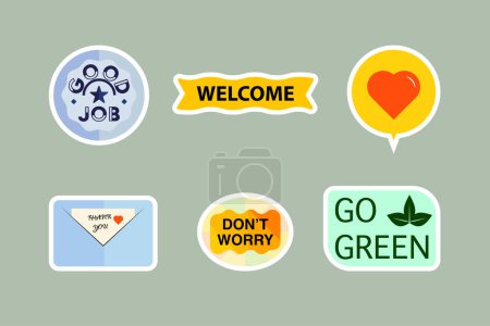 Illustration for Retro stickers collection, fresh and cute, welcome, good job, love, thank you, dont worry, go green - Royalty Free Image