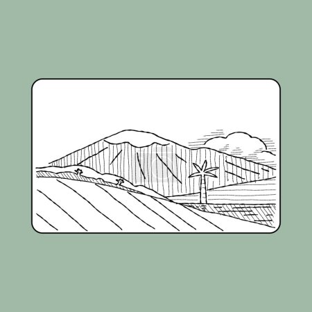 Téléchargez les illustrations : Esquisse simple d'un paysage de champs avec des montagnes en arrière-plan - en licence libre de droit