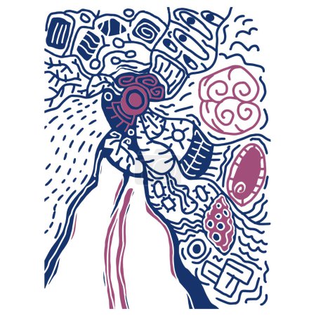 Ilustración de Arte abstracto con formas azules y rojas sobre blanco, parecido a patrones tribales o graffiti moderno - Imagen libre de derechos