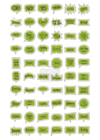 Burbujas de voz con expresiones, en verde y amarillo, ideales para un diseño gráfico expresivo