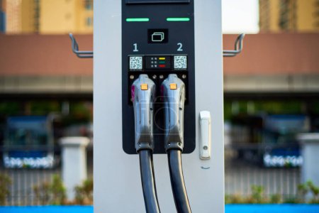 Charging cable at electric vehicle charging station in Chengdu, China