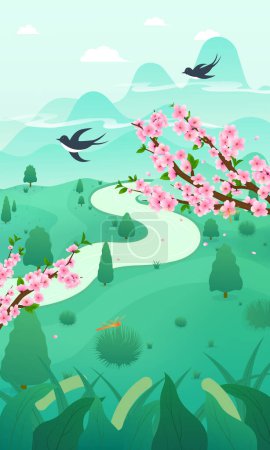 Téléchargez les illustrations : Beau fond naturel avec oiseaux, fleurs, arbres - en licence libre de droit