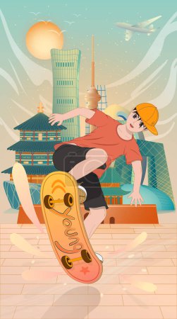 Téléchargez les illustrations : Illustration vectorielle d'un homme jouant au skateboard à la chinoise - en licence libre de droit