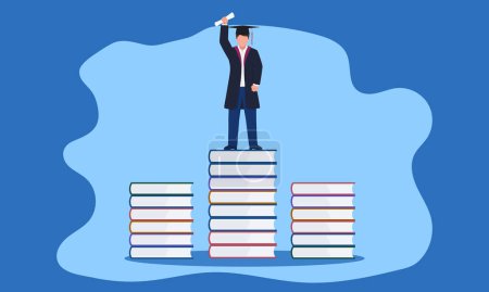 Graduation flat illustration of doctor standing on stack of books receiving diploma