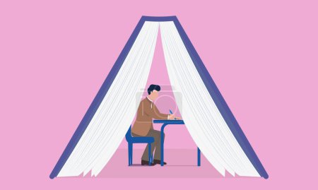 Flat minimalist illustration of a person studying in a book