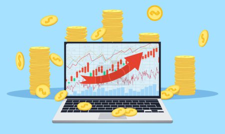 stock market chart on laptop with coins and business symbols on blue background.