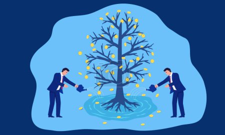 Investitions- und Finanzmanagement, Geschäftsleute wässern den Geldbaum. Konzeptionelle Illustration des schnellen Wachstums des Finanzsektors