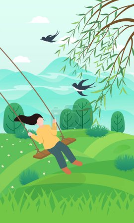 Vector illustration of young girl swinging in spring