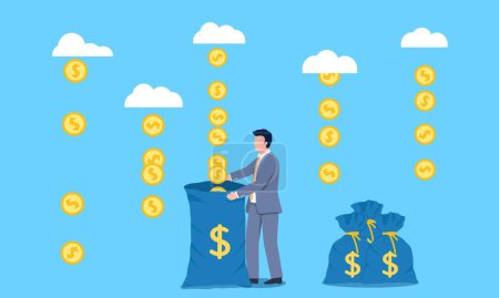 Vector business illustration of businessman holding pocket to catch gold coins falling from the sky