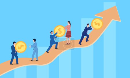 Vector business illustration of teamwork and passing gold coins upwards
