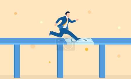 Mann überquert eine Brücke aus Geld, symbolisiert einen Überbrückungskredit, Vektor Business Illustration