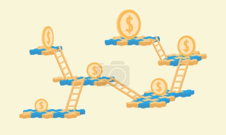 Gold coins on puzzle, vector business illustration