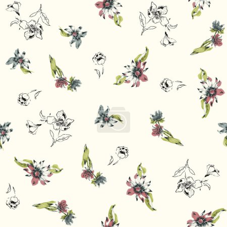 floral seamless pattern, line drawn illustration