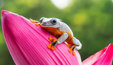  A frog is sitting on a pink flower. The frog is white and orange