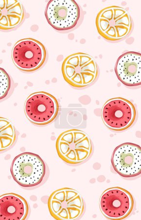 Illustration for Donut wallpaper with a fruit motif on a soft colored background - Royalty Free Image