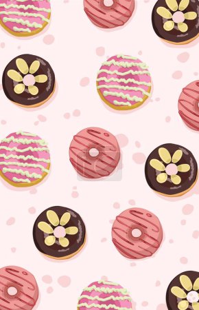 Illustration for Donut wallpaper on a pink background with Chocolate topping and glaze - Royalty Free Image